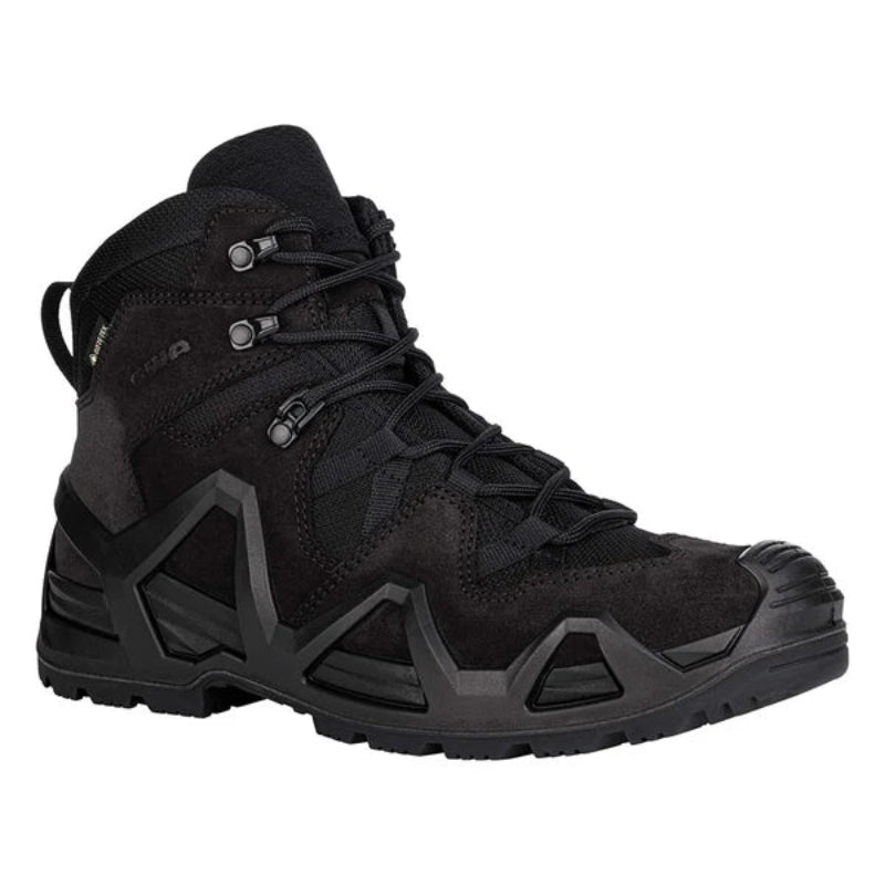 Angled front view of the LOWA Zephyr MK2 GTX Mid in Black highlighting the reinforced toe, supportive MONOWRAP frame, and tactical lacing system.