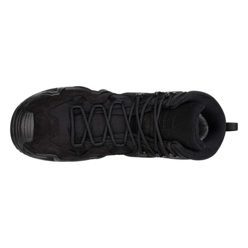 Top-down view of the LOWA Zephyr MK2 GTX Mid in Black highlighting the lace system, padded tongue, and GORE-TEX boot construction.