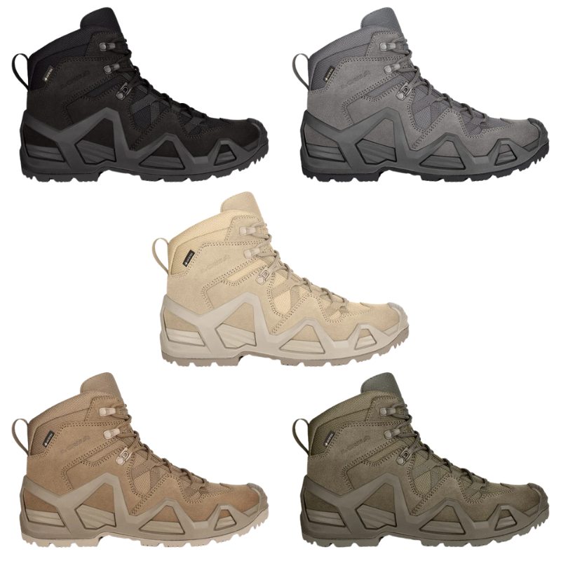 LOWA Zephyr MK2 GTX Mid tactical boots shown in Black, Coyote OP, Desert, Wolf, and Ranger Green colorways for comparison.