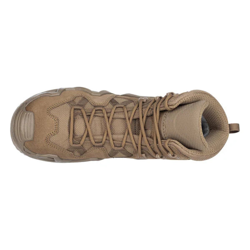 Top-down view of the LOWA Zephyr MK2 GTX Mid in Coyote OP highlighting the tactical lacing system, padded tongue, and supportive mid-cut boot design.