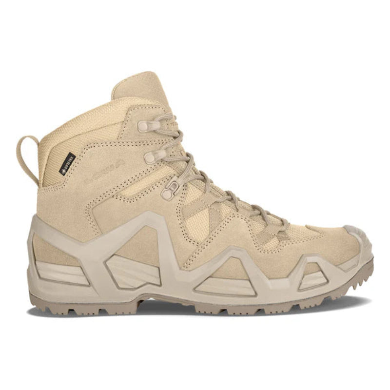 LOWA Zephyr MK2 GTX Mid tactical boot in Desert featuring waterproof GORE-TEX protection, lightweight support, and an all-terrain outsole.