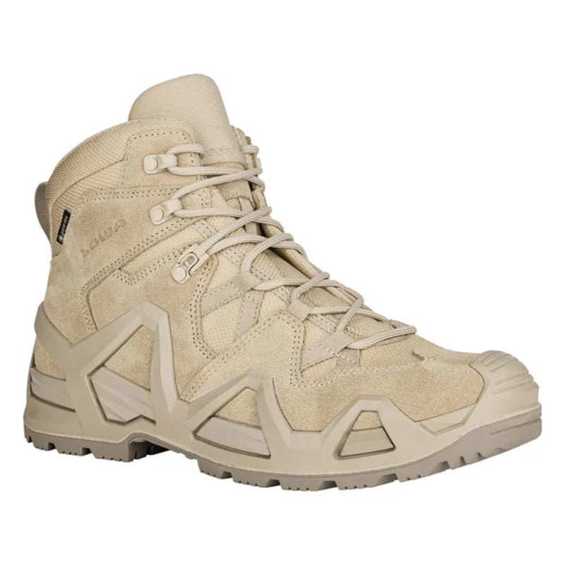 Angled front view of the LOWA Zephyr MK2 GTX Mid in Desert highlighting the durable suede upper, reinforced toe, and supportive mid-cut design.