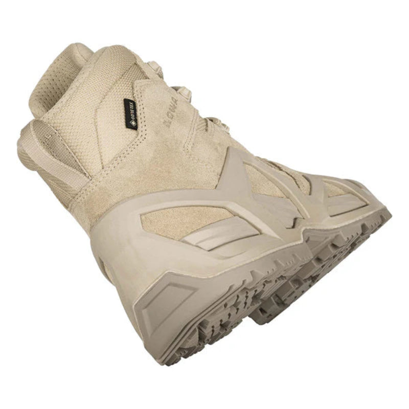 Rear view of the LOWA Zephyr MK2 GTX Mid in Desert showing the padded heel, ankle support, and pull loop.