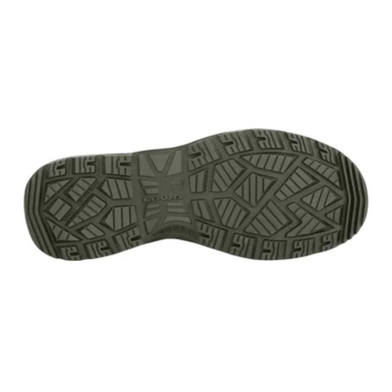 Bottom view of the LOWA Zephyr MK2 GTX Mid in Ranger Green displaying the aggressive LOWA rubber outsole designed for traction on mixed terrain.