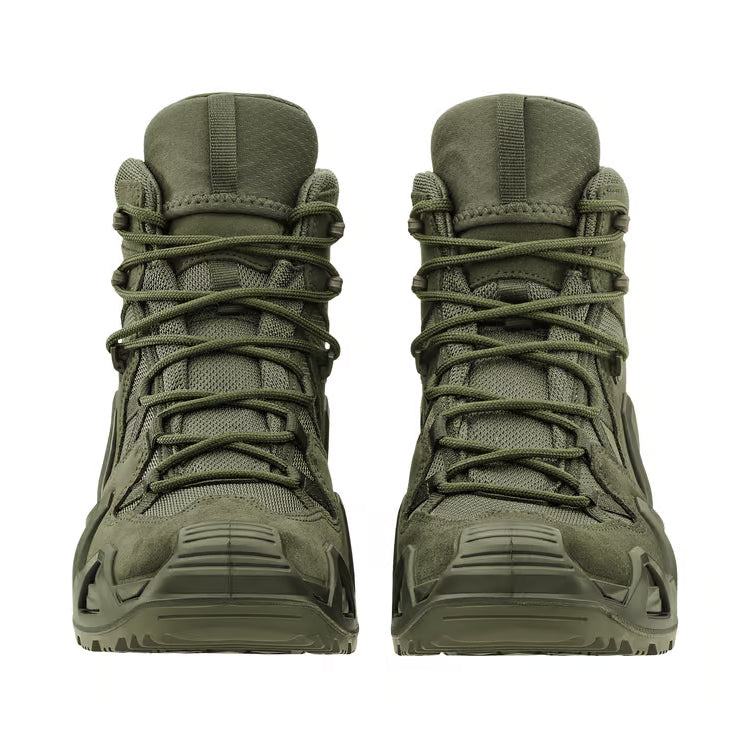 Pair of LOWA Zephyr MK2 GTX Mid tactical boots in Ranger Green shown from the front with waterproof GORE-TEX protection and supportive mid-cut construction.