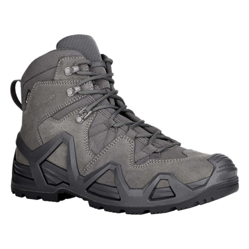 Angled front view of the LOWA Zephyr MK2 GTX Mid in Wolf highlighting the reinforced upper, MONOWRAP frame, and tactical outsole.