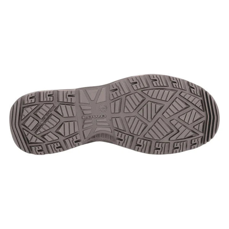Bottom view of the LOWA Zephyr MK2 GTX Mid in Wolf showing the slip-resistant LOWA rubber outsole with aggressive traction lugs.