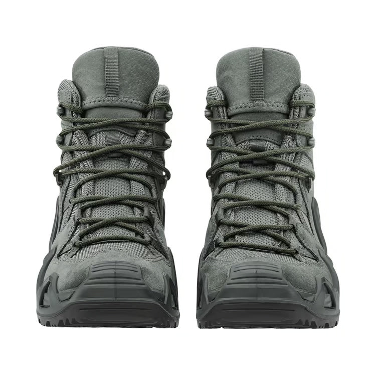 Pair of LOWA Zephyr MK2 GTX Mid tactical boots in Wolf shown from the front featuring waterproof GORE-TEX construction and supportive mid-cut design.