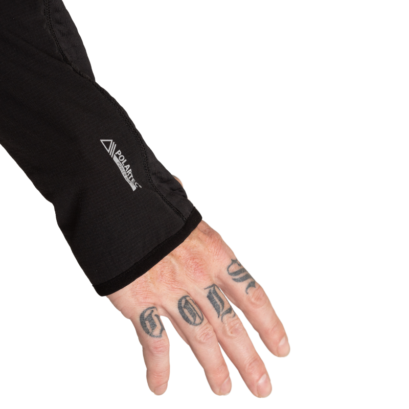 Close-up detail of the arm sleeve on MTHD Overland Zip-Up Fleece Jacket showcasing advanced Polartec Power Air fabric texture, smooth exterior, and durable construction for warmth retention and tactical mid-layer performance