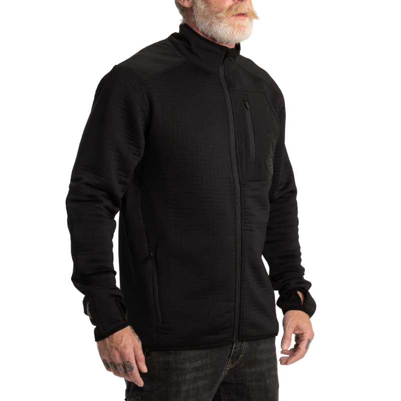 3/4 side front view of MTHD Overland Zip-Up Fleece Jacket in Black highlighting sleek athletic cut, Polartec Power Air fabric, front zipper, and pocket placement designed for warmth, low abrasion, and tactical mid-layer versatility
