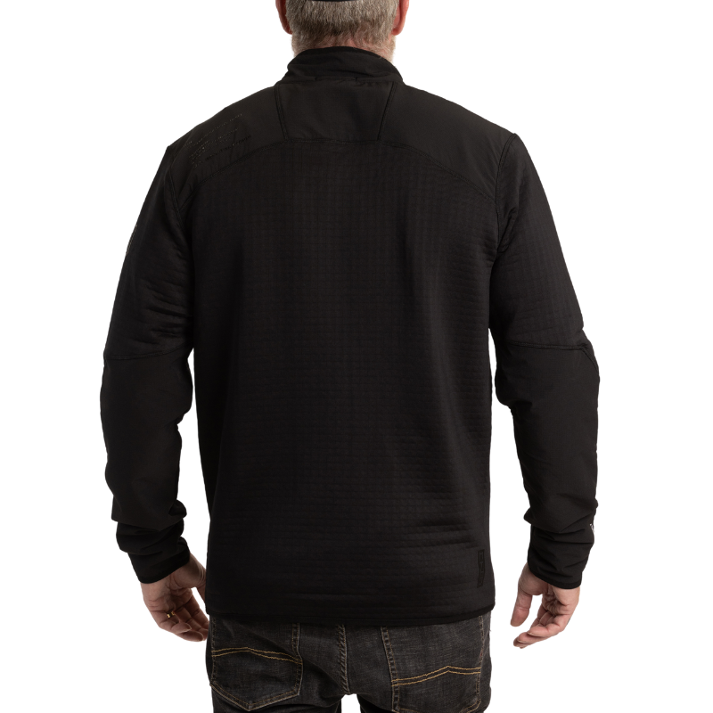 Back view of MTHD Overland Zip-Up Fleece Jacket in Black showing streamlined athletic fit, smooth abrasion-resistant Polartec Power Air fabric, and reinforced panels designed for tactical layering, outdoor missions, and everyday performance warmth