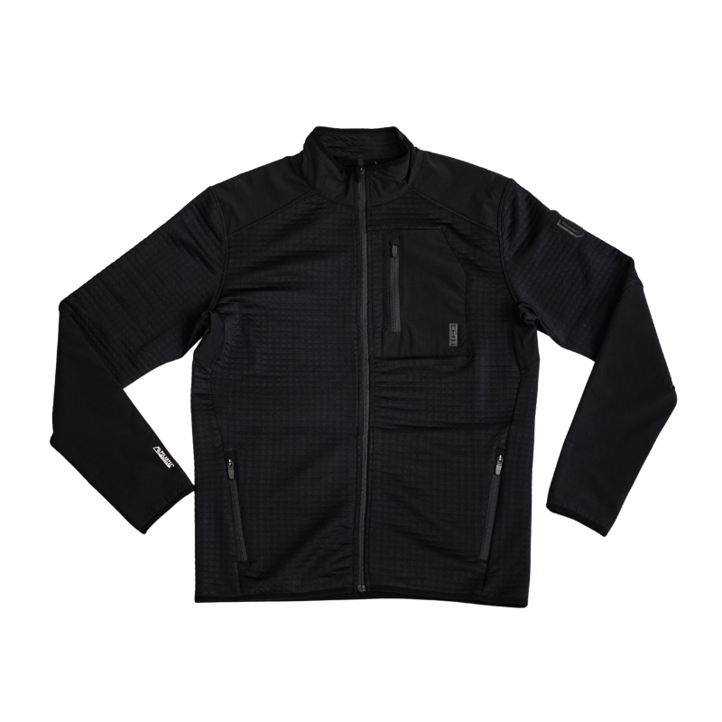 Front view of MTHD Overland Zip-Up Fleece Jacket in Black showing sleek athletic fit, Polartec Power Air fabric for high-performance warmth retention, smooth abrasion-resistant exterior, and tactical design for layering in outdoor and everyday use