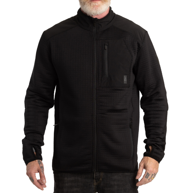 Front view of MTHD Overland Zip-Up Fleece Jacket in Black worn by model, showing hand pockets, smooth Polartec Power Air fabric, athletic fit, and performance fleece construction designed for warmth, reduced shedding, and tactical layering