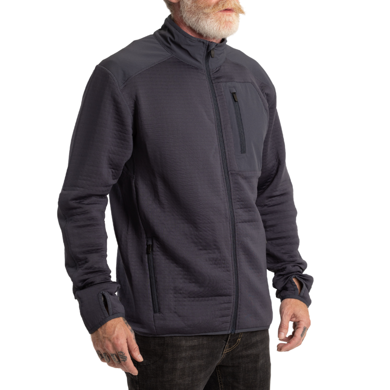 3/4 front side view of MTHD Overland Zip-Up Fleece Jacket in Gunmetal Grey showing athletic fit, front zipper, Polartec Power Air fabric for warmth retention, and streamlined design ideal for tactical layering and versatile outdoor performance