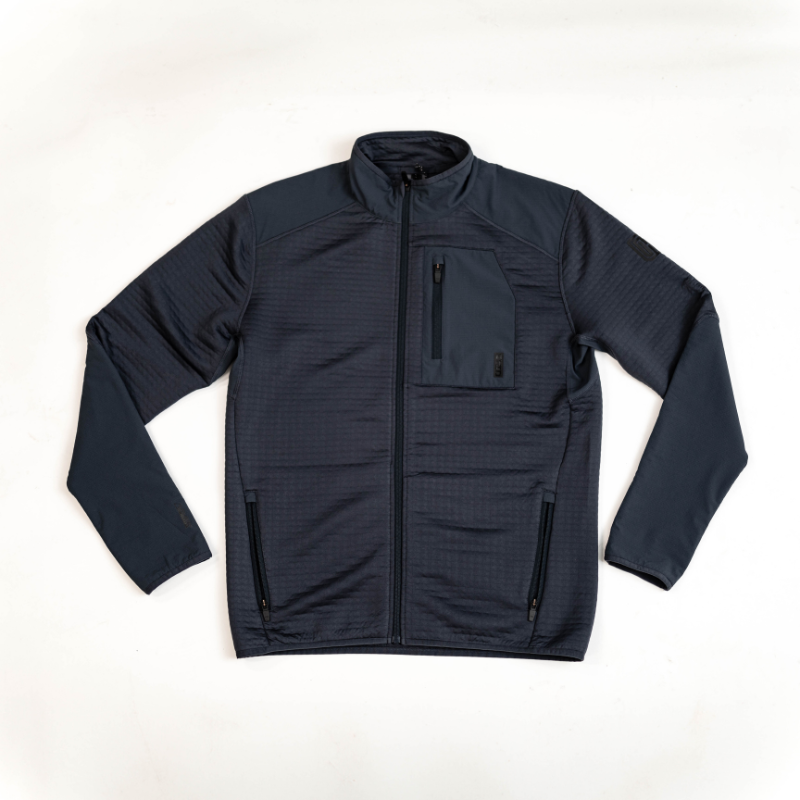 Front view of MTHD Overland Zip-Up Fleece Jacket in Gunmetal showing clean athletic fit, advanced Polartec Power Air fabric for efficient warmth, smooth exterior for low abrasion, and tactical mid-layer performance for outdoor missions and everyday wear