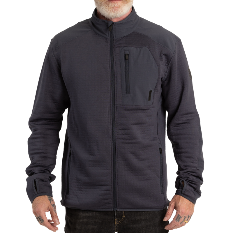 Front view of MTHD Overland Zip-Up Fleece Jacket in Gunmetal highlighting clean athletic cut, advanced Polartec Power Air fabric for high-performance warmth, smooth exterior for minimal abrasion, and tactical mid-layer design for outdoor and everyday use