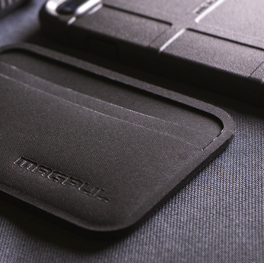 Magpul DAKA Everyday Wallet that can be carried in front pocket showing slim low bulk design that minimizes pocket printing while holding cards cash