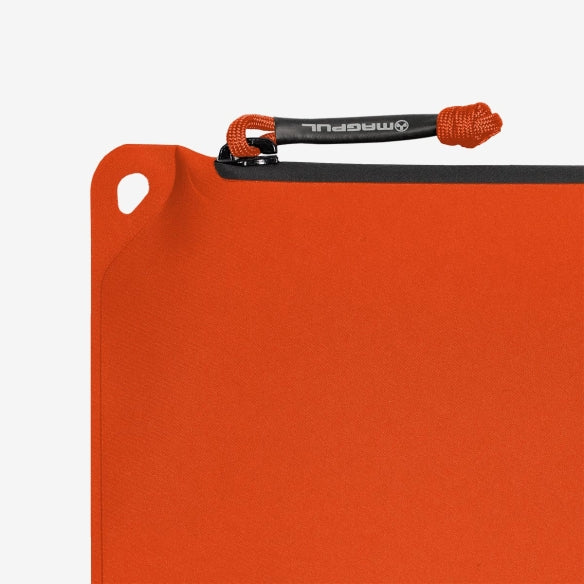 Magpul DAKA Pouch Medium Orange close up of YKK AquaGuard zipper and branded 550 paracord heat shrink pull for durable waterproof organization