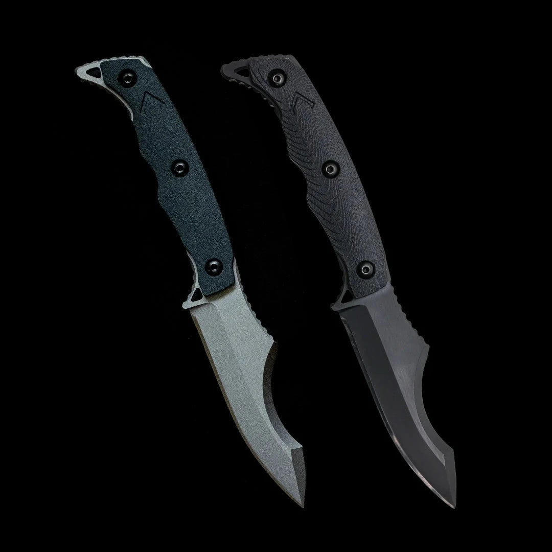 Two black tactical knives with gray blades on a black background