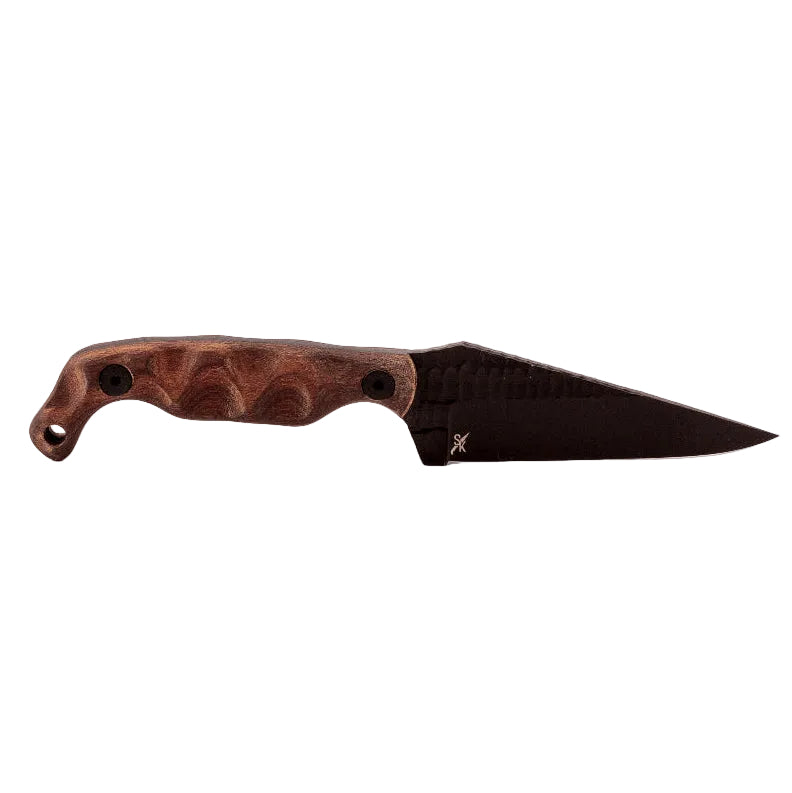 Natural wood handle scales on Stroup Bravo 5 showcasing full tang fixed blade construction
