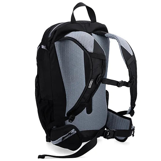 Back view of the Outdoor Research Adrenaline Day Pack 30L in black, showing ergonomic padded shoulder straps, ventilated back panel, hip belt with storage pockets, and sternum strap for secure alpine carry.