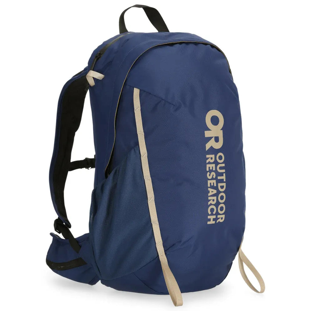Product shot of the Outdoor Research Adrenaline Day Pack 30L in Cenote navy blue, built from 210D ripstop nylon with padded hip belt, hydration sleeve, and streamlined alpine design for fast-and-light missions and day hikes.