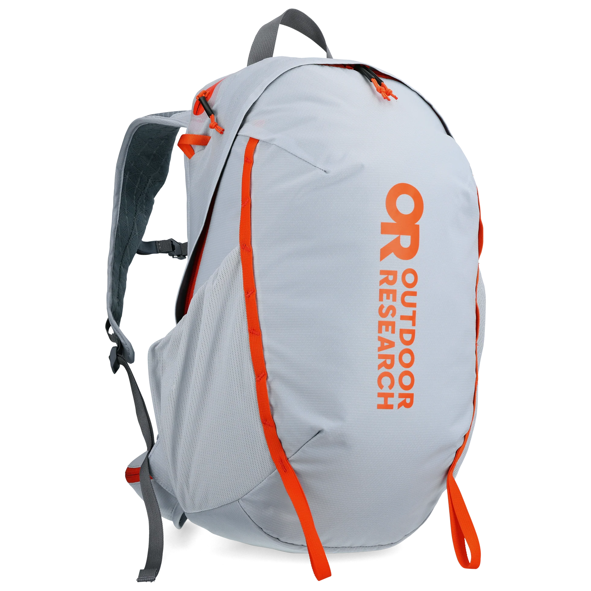 Product shot of the Outdoor Research Adrenaline Day Pack 30L in titanium colorway, built from durable 210D ripstop nylon with ergonomic straps, padded hip belt, hydration sleeve, and streamlined alpine design.