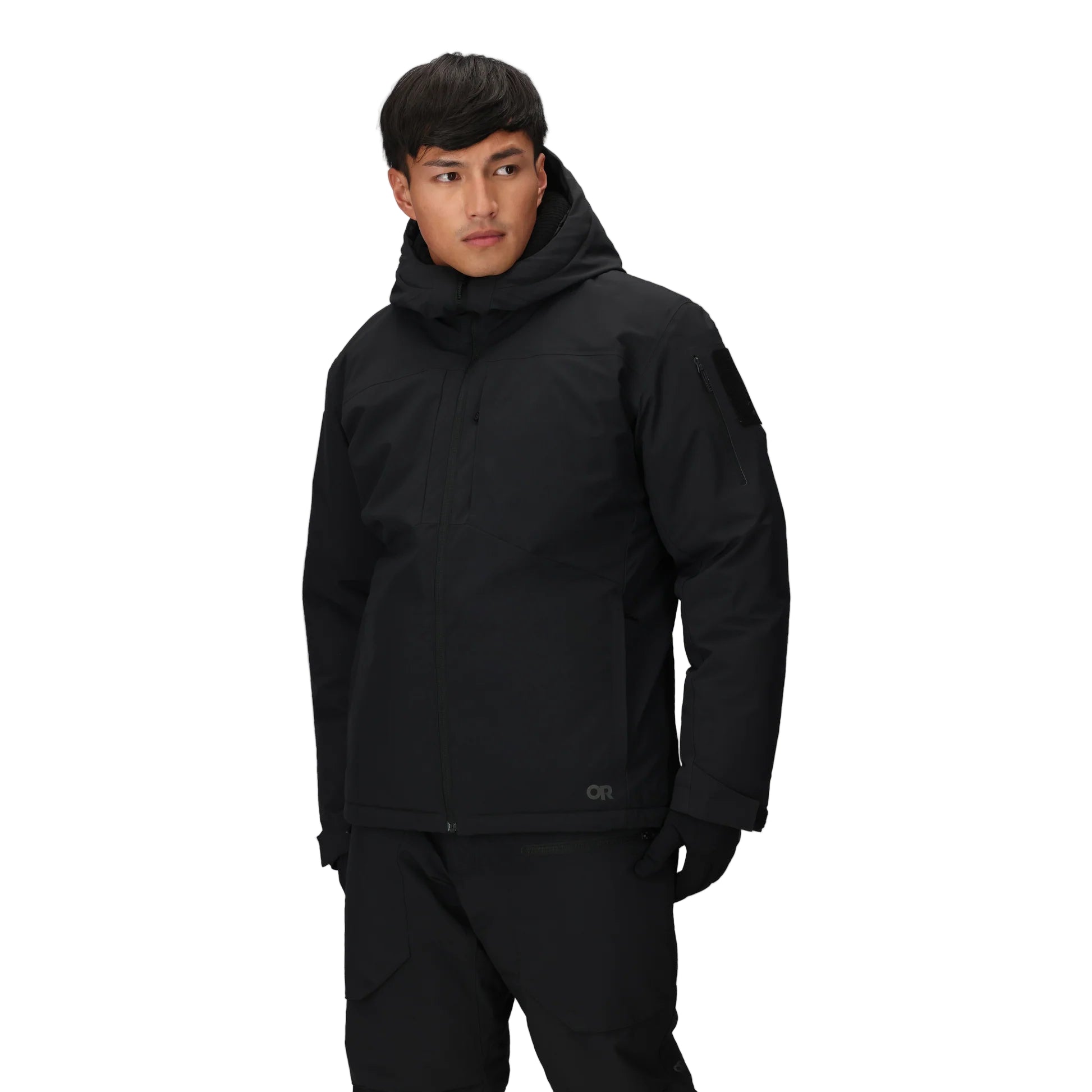 Front view of the Outdoor Research Allies Colossus II Parka in black, shown on a model with insulated hood, chest pockets, and rugged weatherproof construction for extreme cold.