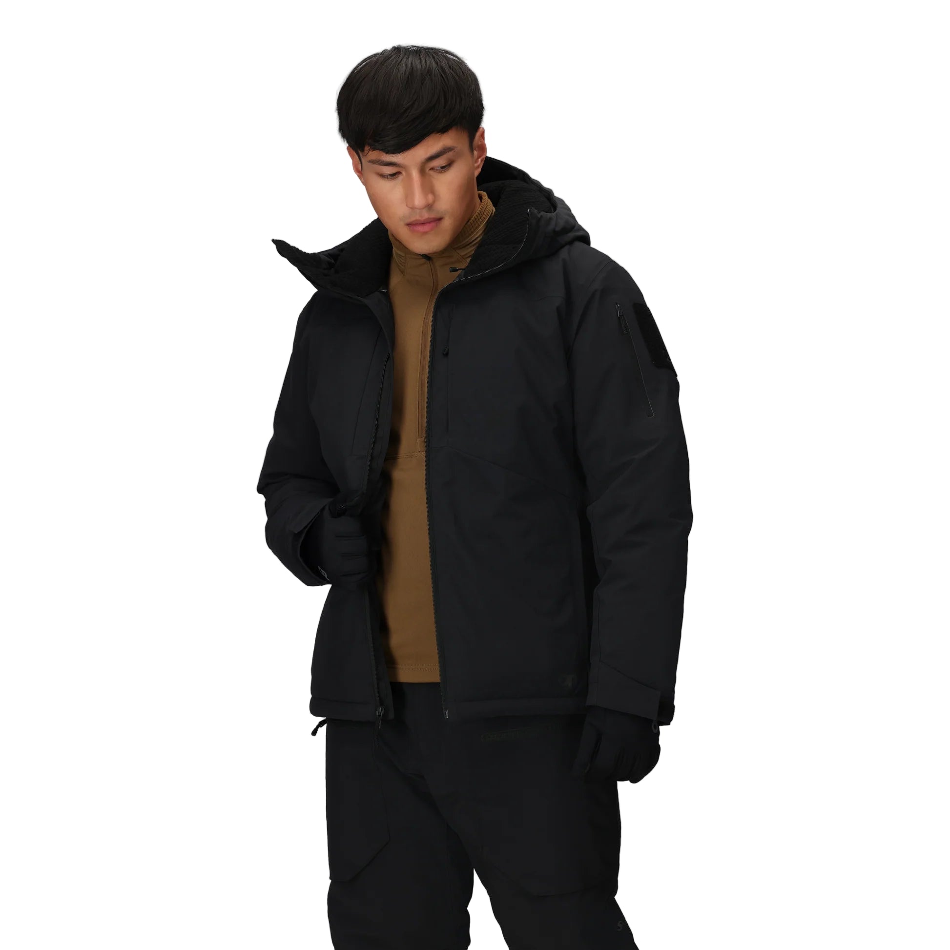 Outdoor Research Allies Colossus II Parka in black shown unzipped on a model, highlighting insulated interior, fleece draft collar, and breathable construction for extreme cold layering.
