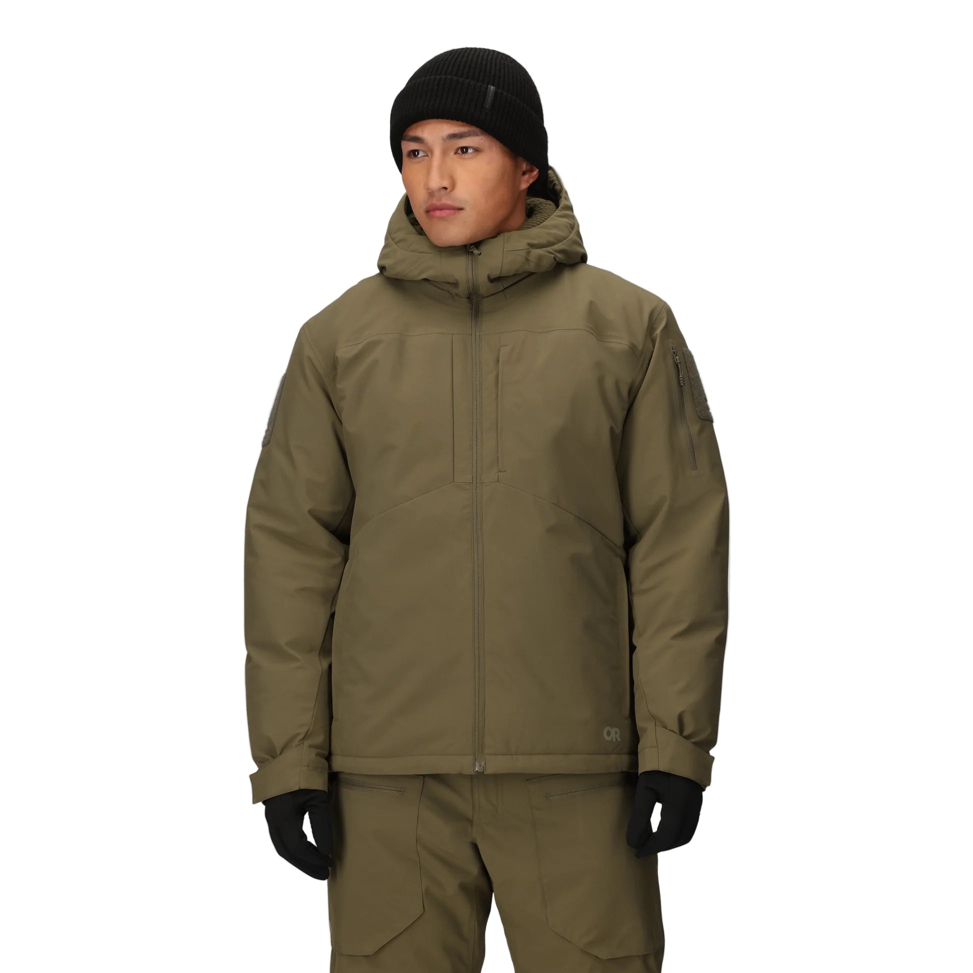 Front view of the Outdoor Research Allies Colossus II Parka in Ranger Green, shown on a model with chest zip pocket, forearm pocket, and insulated hood for mission-ready warmth.