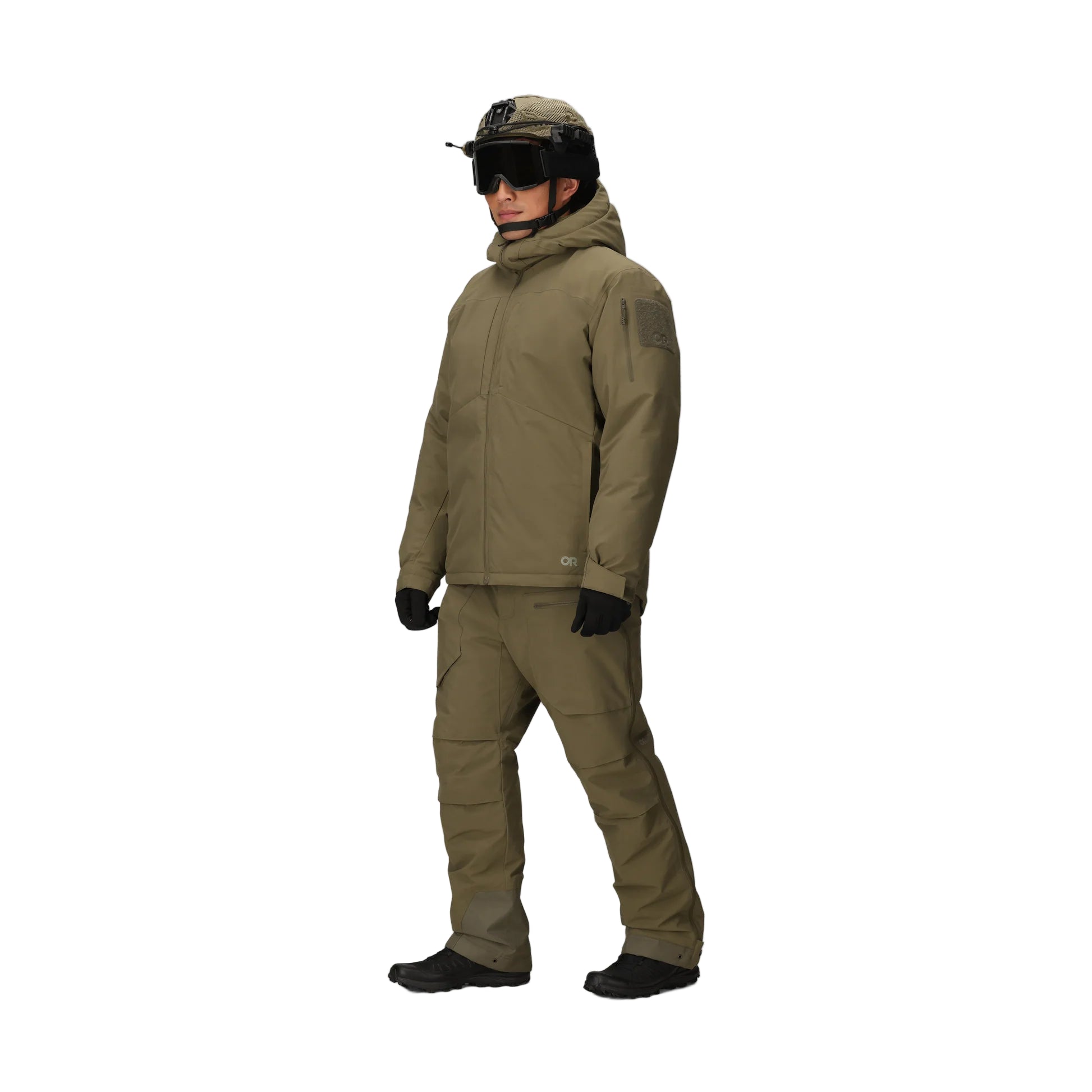 Full body view of the Outdoor Research Allies Colossus II Parka in Ranger Green, shown on a model with articulated fit, long operational cut, and extreme cold weather protection.