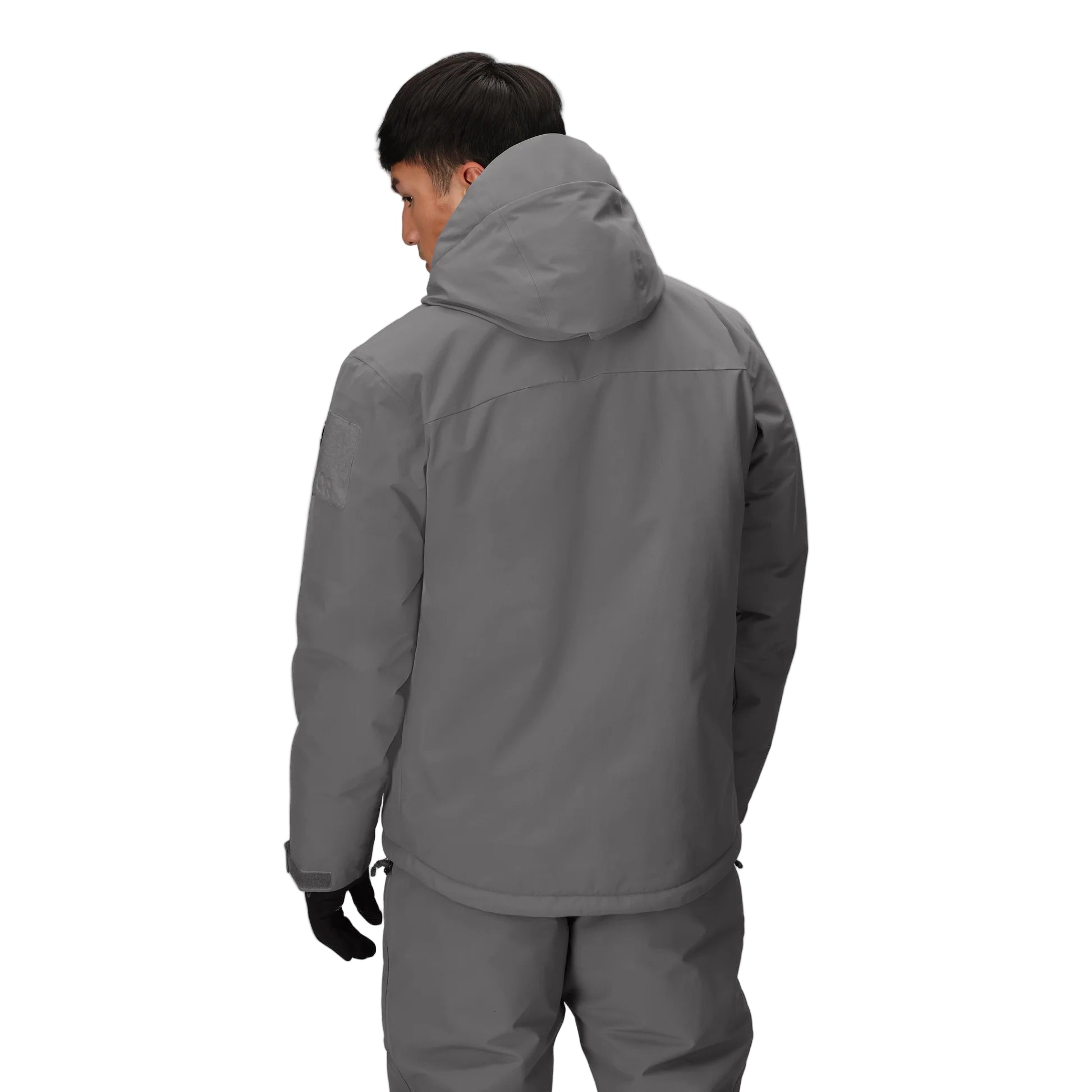 Back view of the Outdoor Research Allies Colossus II Parka in Wolf Grey, highlighting extended length, rugged construction, and insulated coverage for static extreme cold missions.