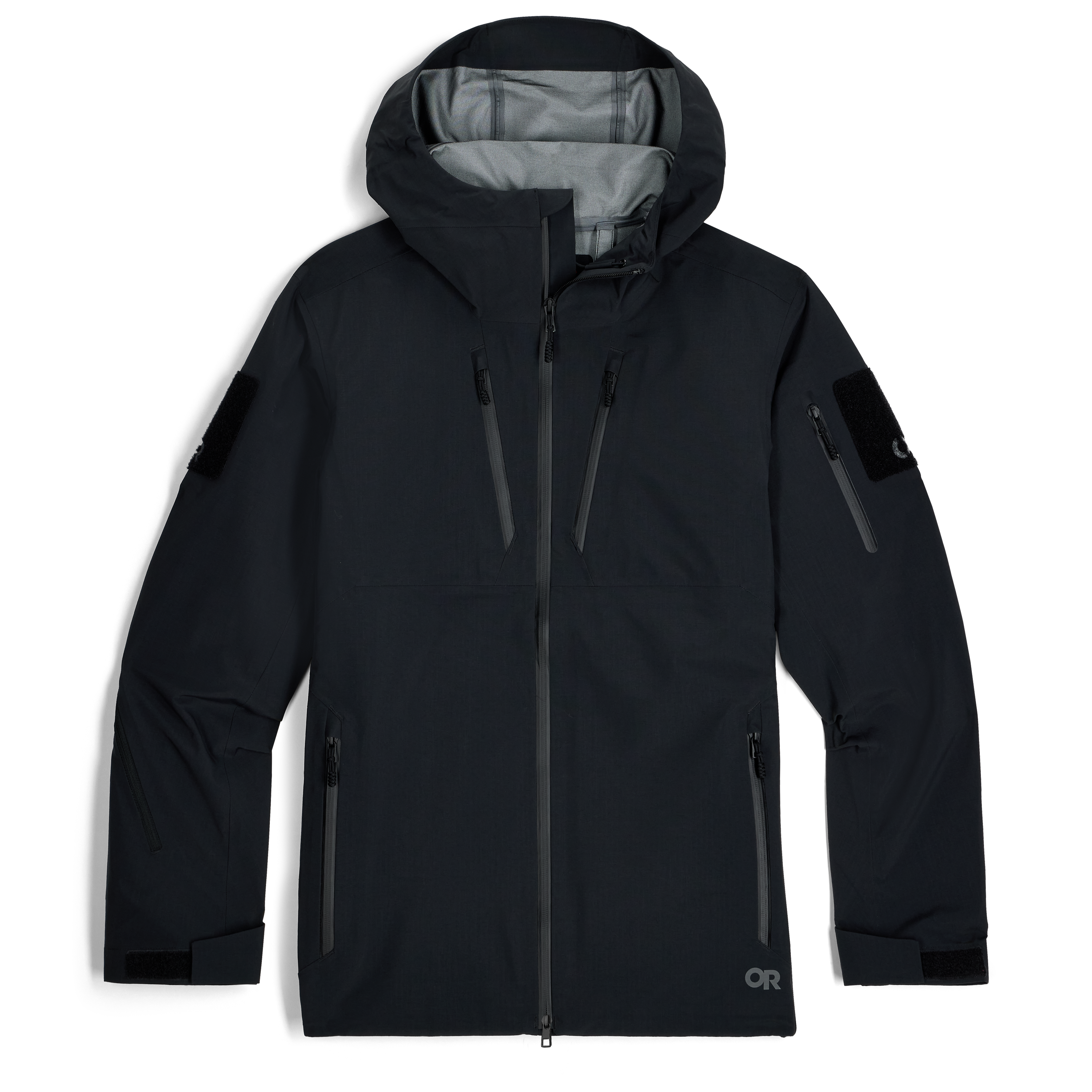 Outdoor Research Allies Mountain II Jacket in Black showing the AscentShell waterproof construction, ultra durable Cordura ripstop shell, helmet compatible hood, and articulated combat fit built for military, law enforcement, and alpine professionals needing extreme weather protection.