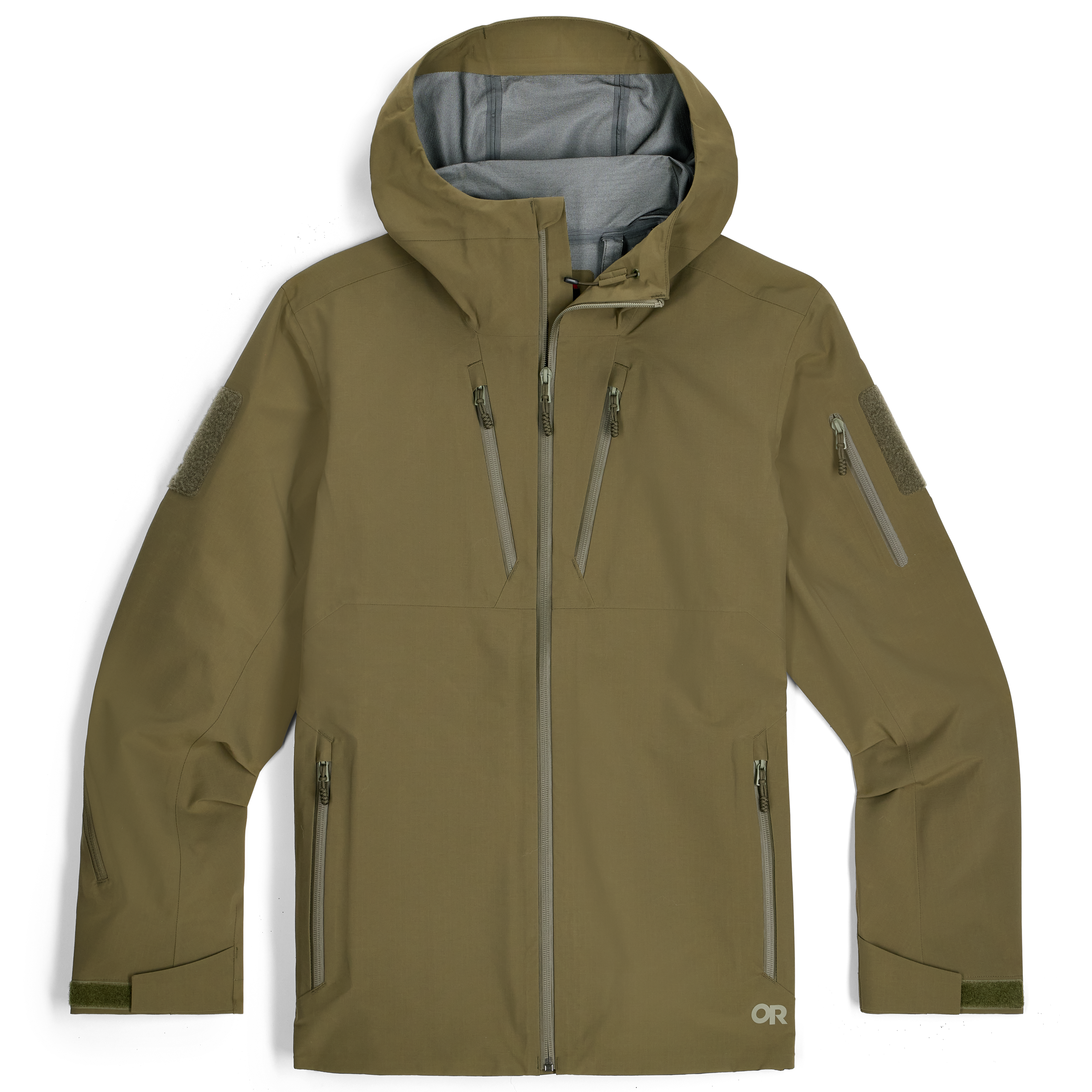 Outdoor Research Allies Mountain II Jacket in Ranger Green showing the AscentShell Dry waterproof tactical shell with Cordura nylon ripstop construction, helmet compatible hood, and combat fit design built for military, law enforcement, and alpine professionals operating in extreme weather and rugged terrain