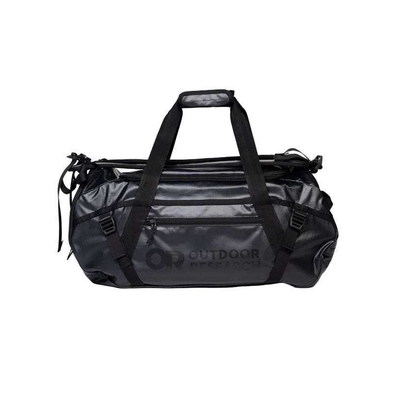 Outdoor Research CarryOut Duffel 40L in Black shown upright with handles up | Rugged water resistant duffel bag made from PU coated 420D ripstop nylon with 40 liter capacity compression straps and modular carry options — best black duffel bag for travel missions and range days
