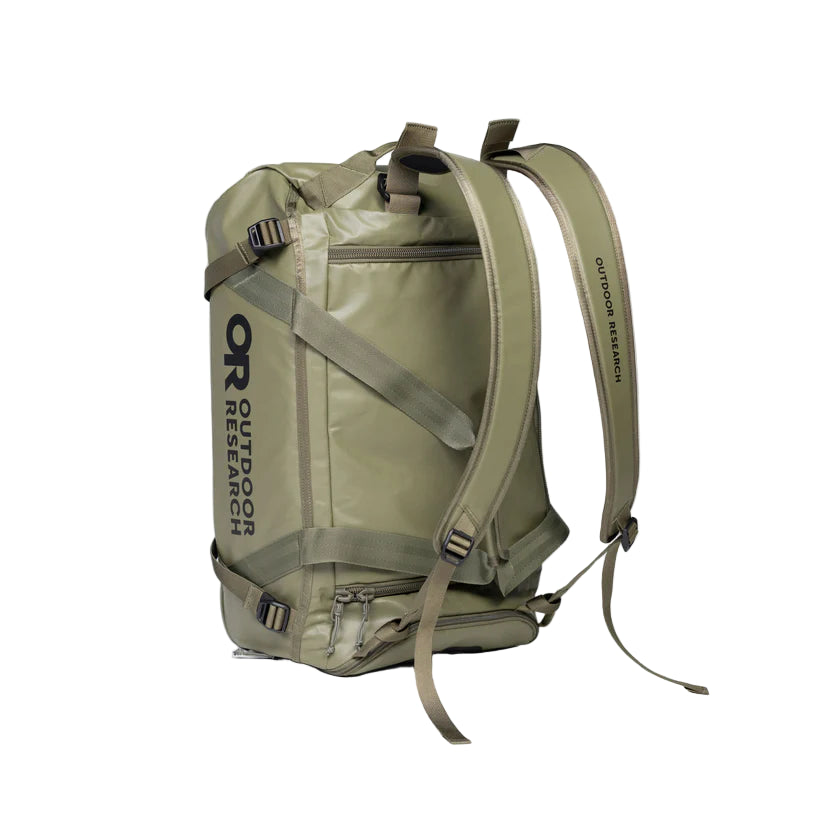 Outdoor Research CarryOut Duffel 40L in Ranger Green shown with backpack straps attached on its side | Rugged 40 liter tactical duffel bag made from PU coated 420D ripstop nylon with compression straps external zip pocket and modular carry design — best Ranger Green duffel with backpack straps for travel range gear and outdoor missions
