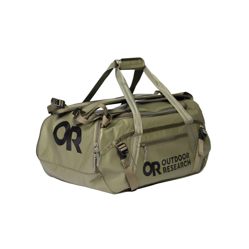 Outdoor Research CarryOut Duffel 40L in Ranger Green angled view showing multiple carry handles exterior zip pocket and backpack strap attachments | Rugged 40 liter PU coated 420D ripstop nylon duffel with compression straps internal gear divider and modular carry system — best Ranger Green tactical duffel for missions travel and range days
