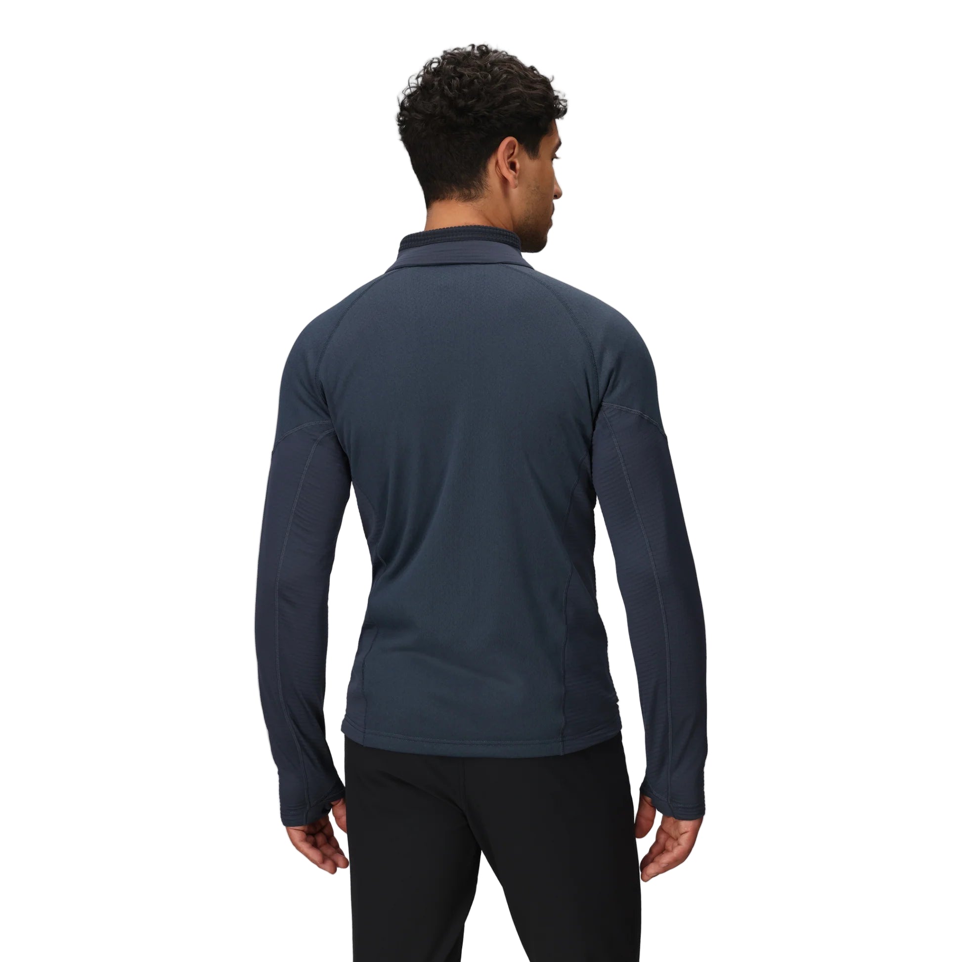 Back view of the Outdoor Research Deviator Fleece Half Zip in Atlantic deep navy, highlighting ergonomic fit, stretch fabric zones, and streamlined design built for mobility in alpine pursuits.
