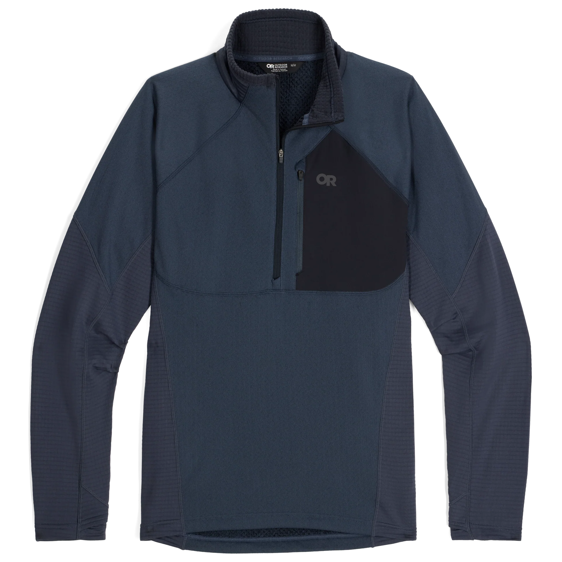 Product shot of the Outdoor Research Deviator Fleece Half Zip in Atlantic deep navy, built with VerticalX™ Octa insulation, breathable fleece, and stretch panels for active cold-weather use.