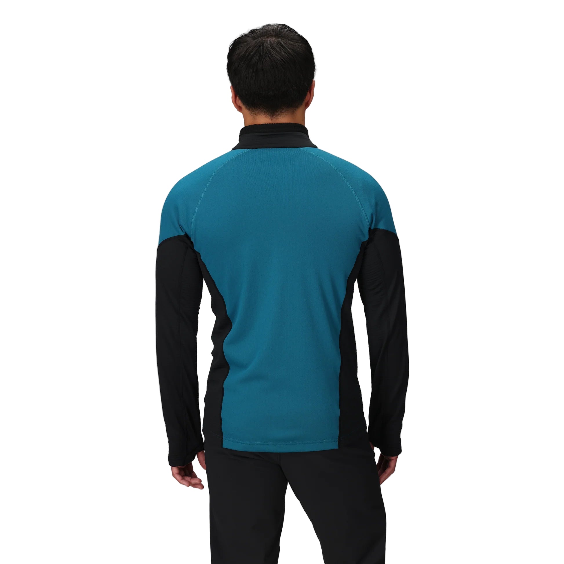 Back view of the Outdoor Research Deviator Fleece Half Zip in Aurora teal and black colorblock, highlighting ergonomic fit, stretch construction, and breathable panels designed for mobility in alpine conditions.