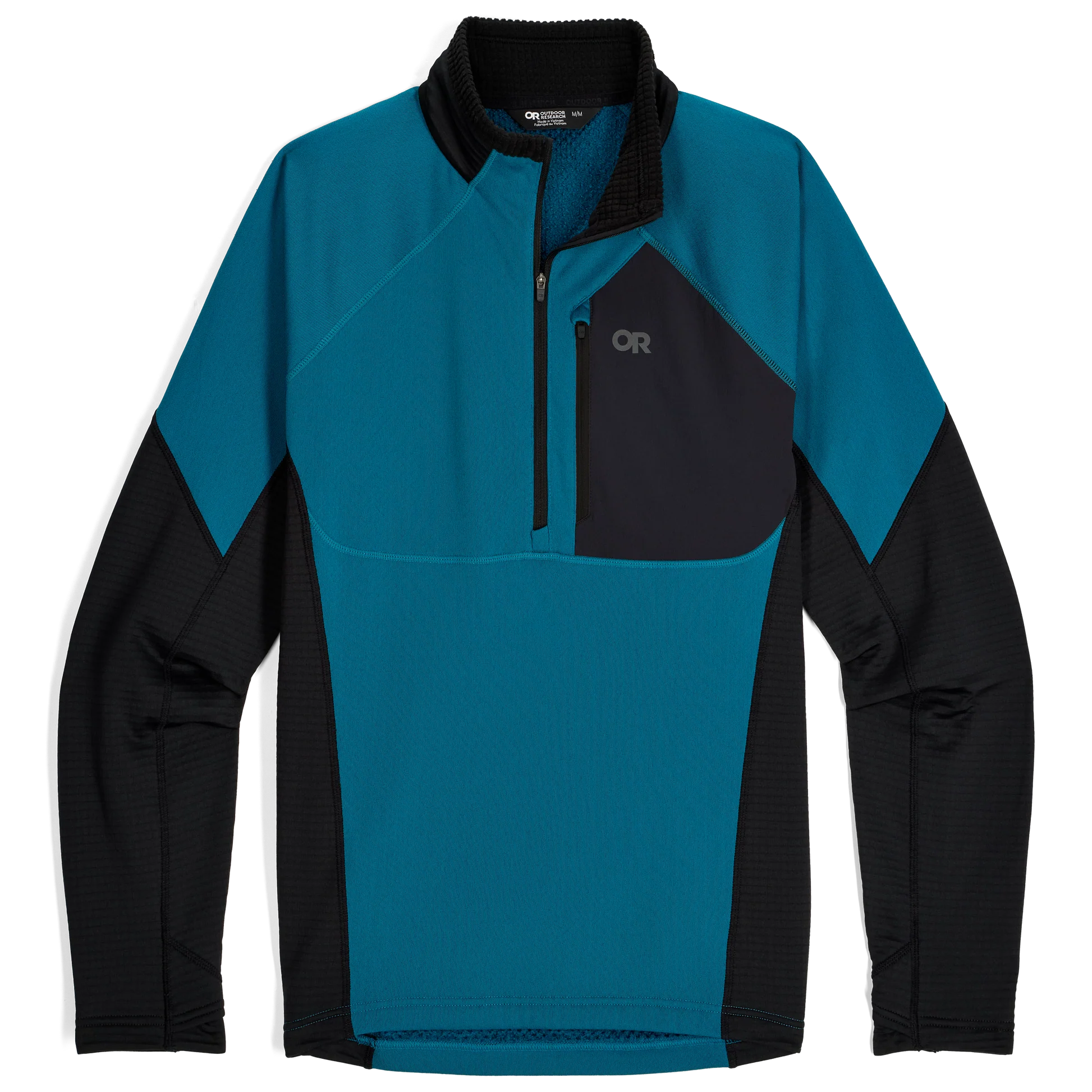 Product shot of the Outdoor Research Deviator Fleece Half Zip in Aurora teal and black colorblock, featuring VerticalX™ Octa insulation, stretch panels, and breathable fleece hybrid design for active cold-weather performance.