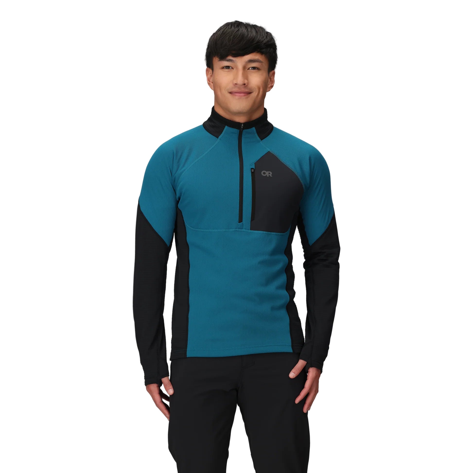 Front view of the Outdoor Research Deviator Fleece Half Zip in Aurora teal and black, shown on a model with athletic fit, hybrid insulated core, and breathable fleece design for layering and high-output pursuits.