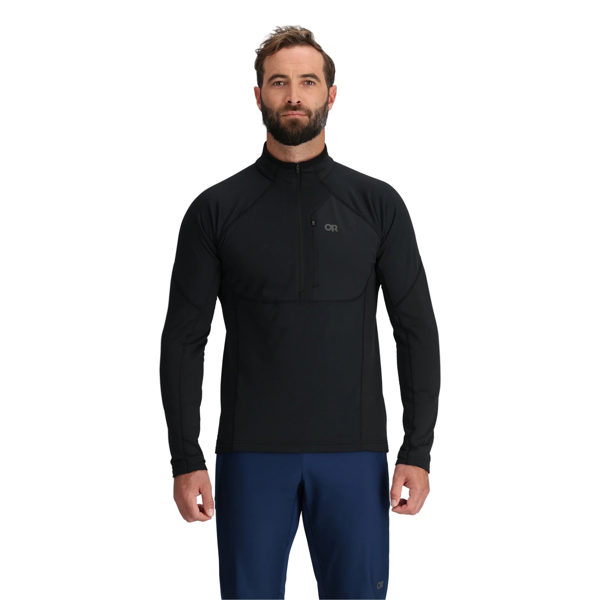 Front view of the Outdoor Research Deviator Fleece Half Zip in black, shown on a model with athletic fit, 13-inch front zipper, and lightweight, breathable construction for high-output cold-weather missions.