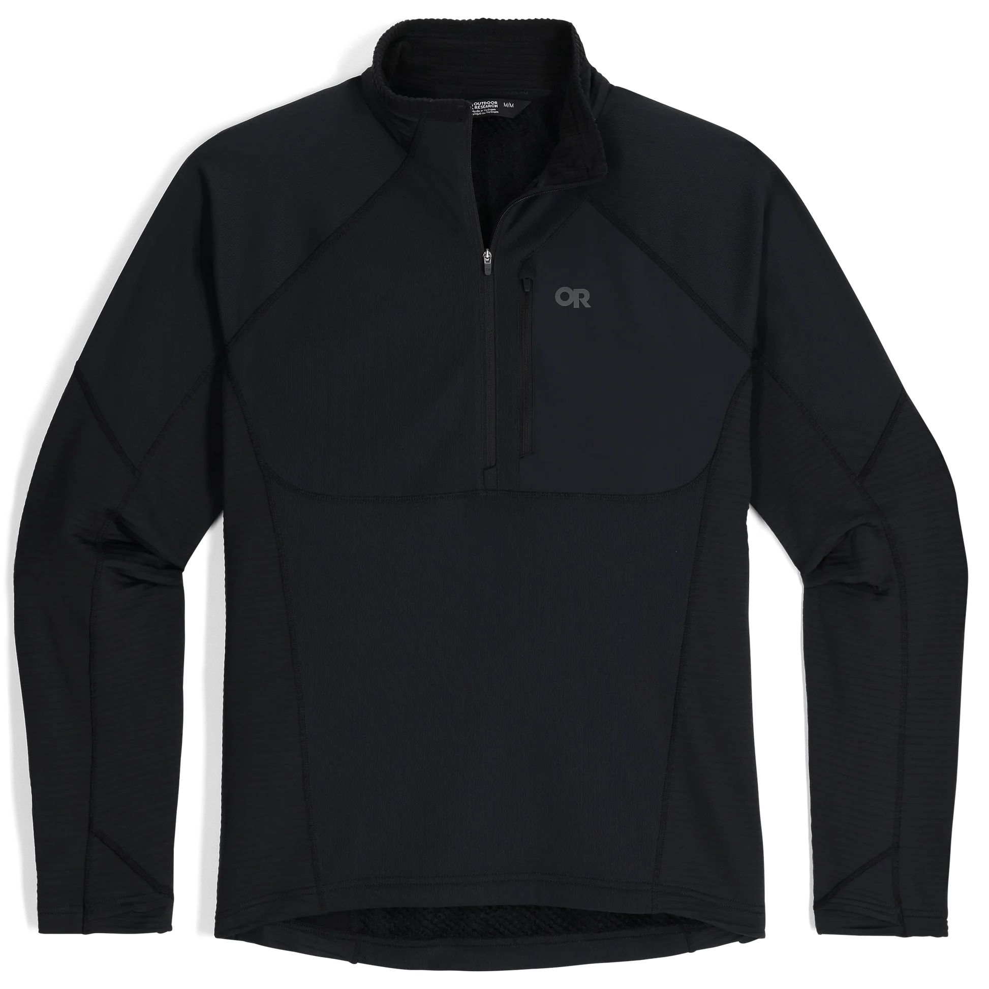 Product shot of the Outdoor Research Deviator Fleece Half Zip in black, featuring VerticalX™ Octa insulation, stretch underarm panels, and breathable, moisture-wicking design for fast-paced cold-weather missions.