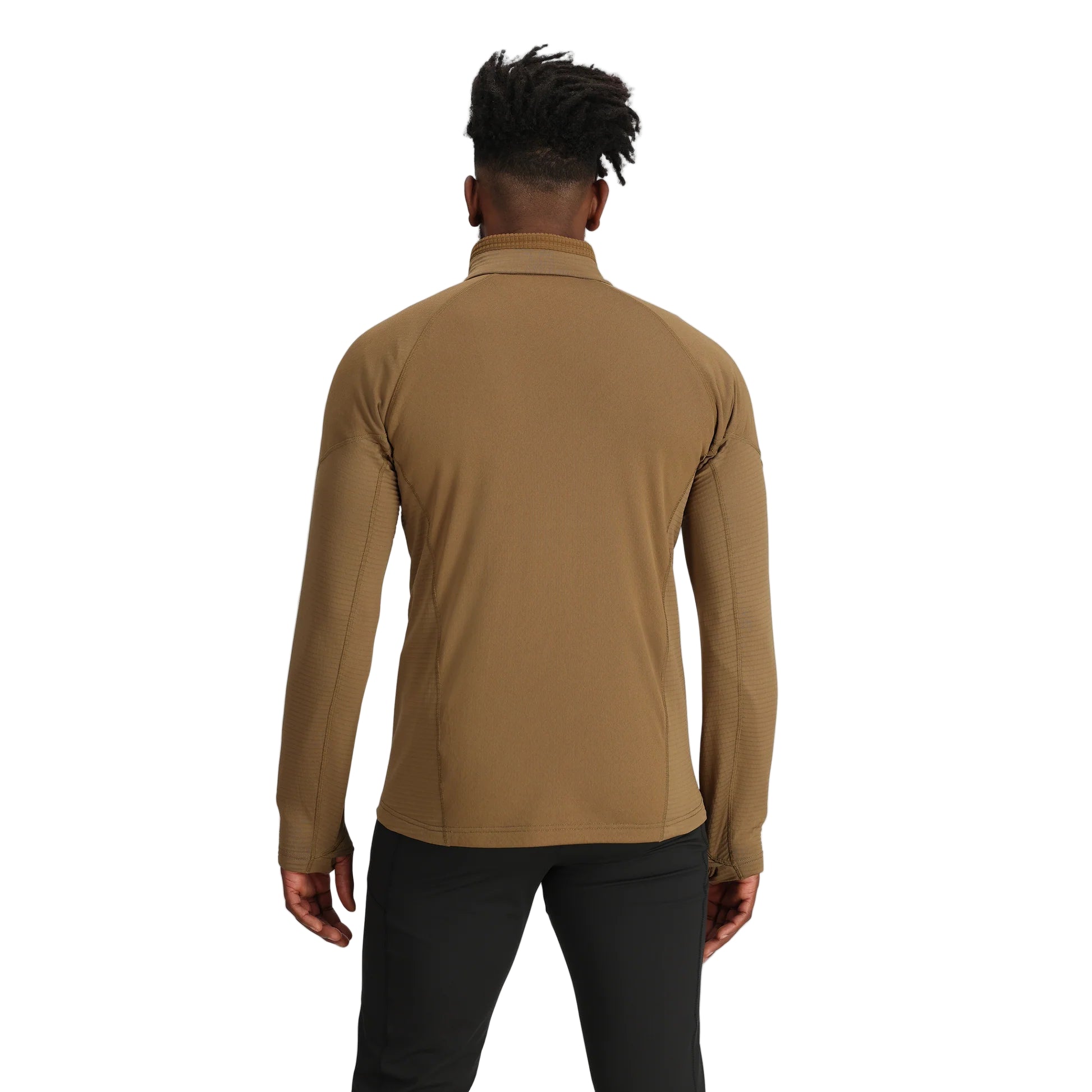 Back view of the Outdoor Research Deviator Fleece Half Zip in coyote, highlighting ergonomic fit, breathable panels, and durable fleece construction for mobility in demanding conditions.