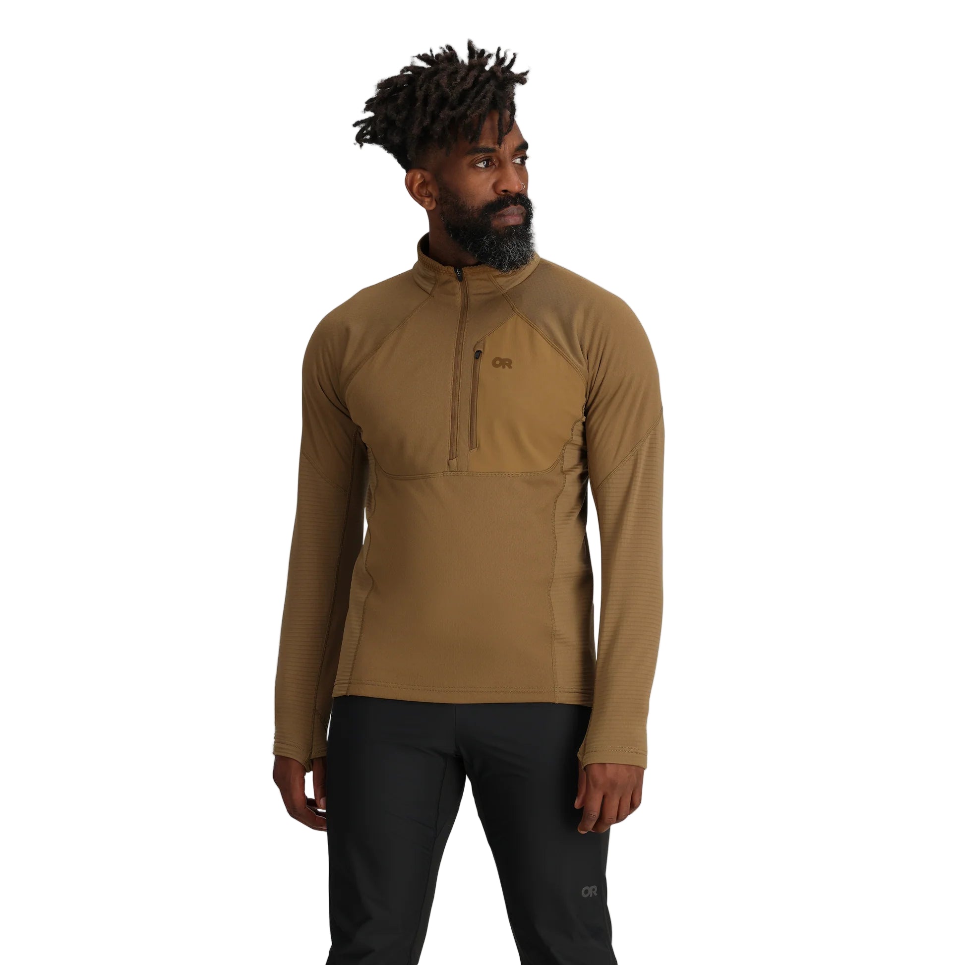Front view of the Outdoor Research Deviator Fleece Half Zip in coyote, shown on a model with athletic fit, 13-inch zipper, and hybrid insulation design for alpine, tactical, and cold-weather missions.