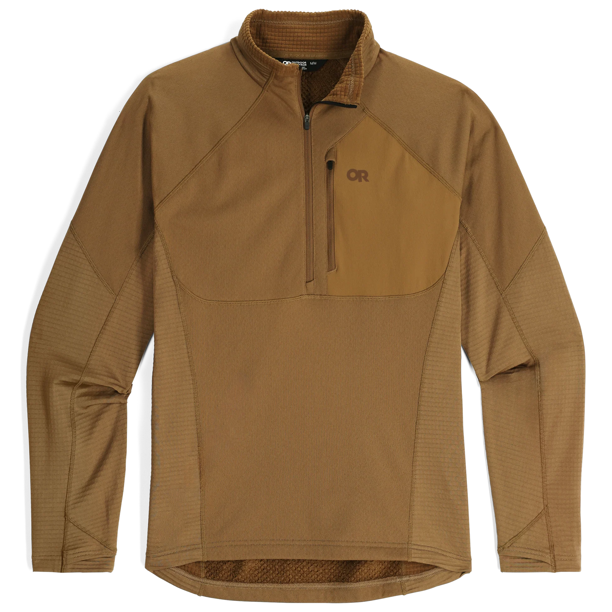 Product shot of the Outdoor Research Deviator Fleece Half Zip in coyote, built with VerticalX™ Octa insulation, stretch side panels, and moisture-wicking fleece for fast-paced cold-weather pursuits.