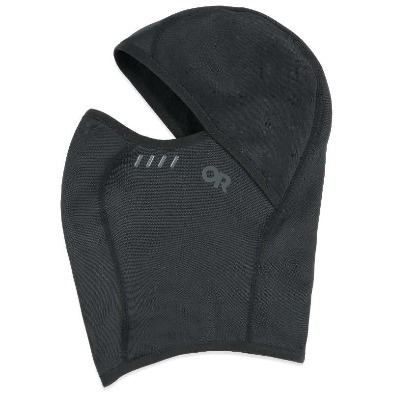 Black hooded balaclava with a brand logo on a white background