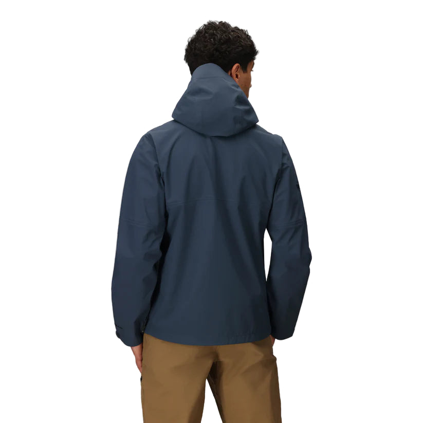 Outdoor Research Foray 3L Rain Jacket in Atlantic blue back view on model | Sustainable 3 layer waterproof breathable shell with recycled nylon and Nikwax Direct Dry finish - best lightweight rain jacket for hiking camping climbing and everyday wet weather use