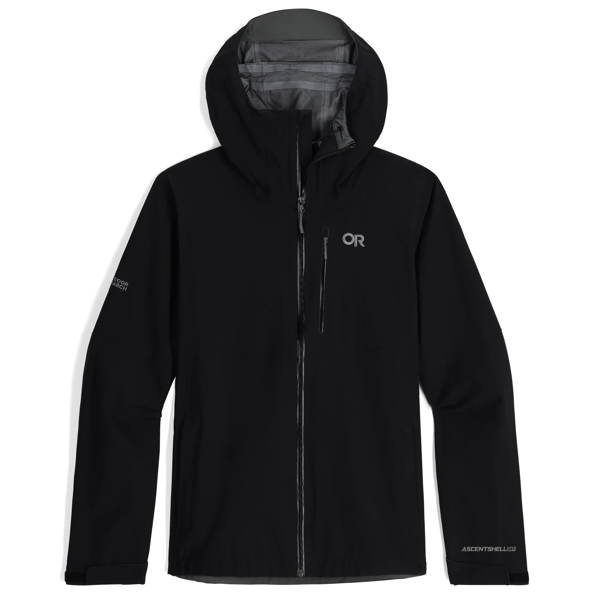 Outdoor Research Foray 3L Rain Jacket in Black product shot | Lightweight 3 layer waterproof breathable shell with AscentShell Dry membrane TorsoFlo side vents and recycled nylon — best sustainable rain jacket for hiking trekking and everyday wet weather protection